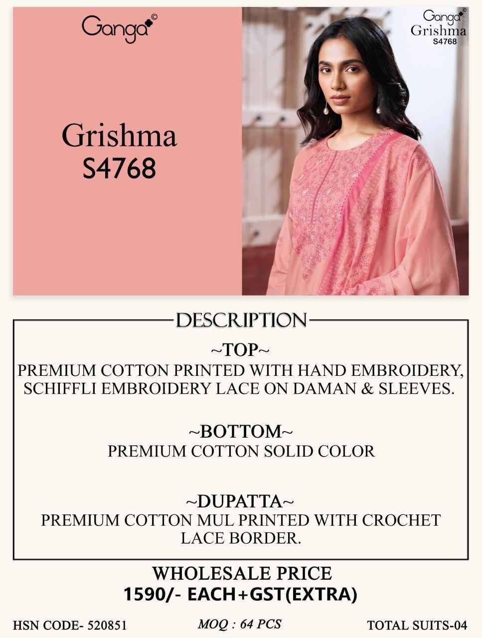 GRISHMA 4768 Series By Ganga Fashion Beautiful Festive Suits Stylish Colorful Fancy Casual Wear & Ethnic Wear PREMIUM COTTON Dresses At Wholesale Price